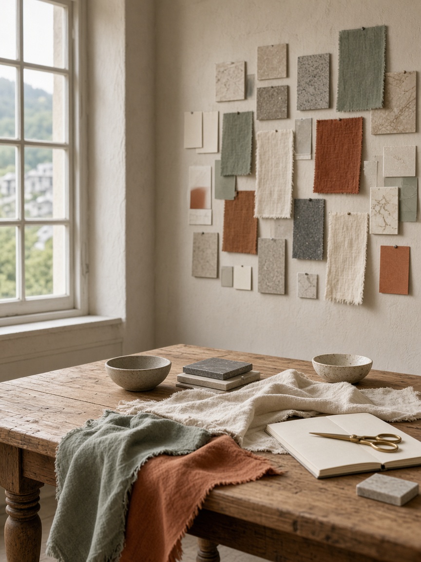 Atelier-Arbeitsplatz mit Stoffmustern, Farbfächern und Materialproben